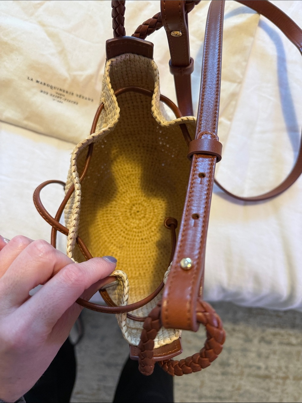 Sezane Natural Straw Crossbody with Brown Leather Trim - Picture 5 of 6